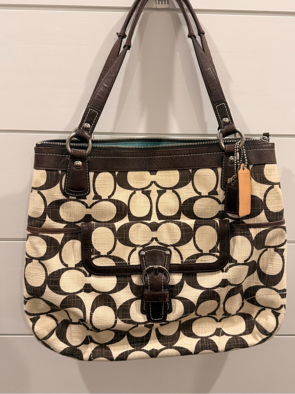 Coach Signature Shoulder Bag in Cream and Brown